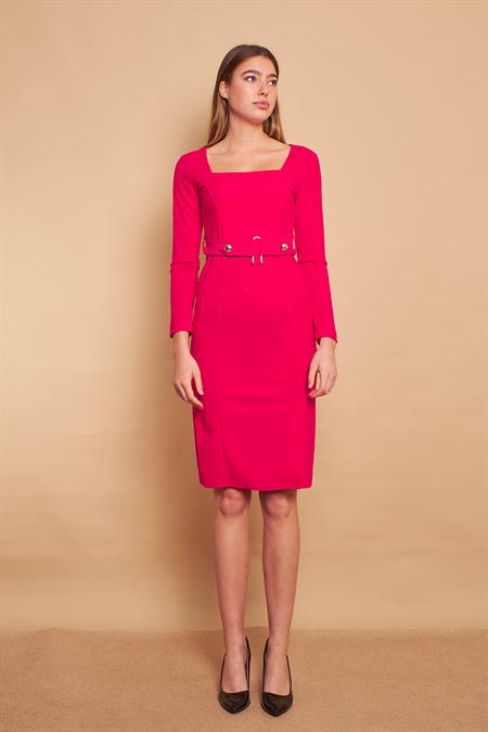 Likralı Krep Kumaş Kare Yaka Uzun Kol Beli Aksesuarlı Kemerli Önden Yırtmaçlı Ofis Elbise-Fujya