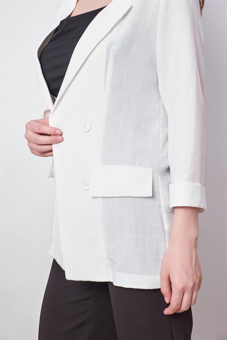 Yazlık Likrasız Keten Kumaş Yakalı Cep Kapaklı Oversize Blazer Ceket-Beyaz
