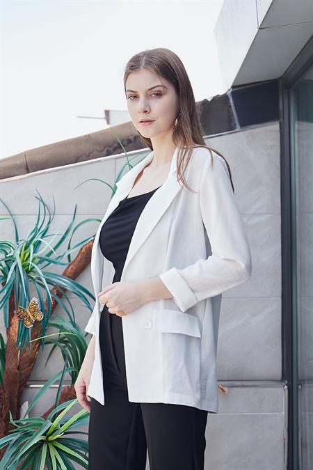 Yazlık Likrasız Keten Kumaş Yakalı Cep Kapaklı Oversize Blazer Ceket-Beyaz