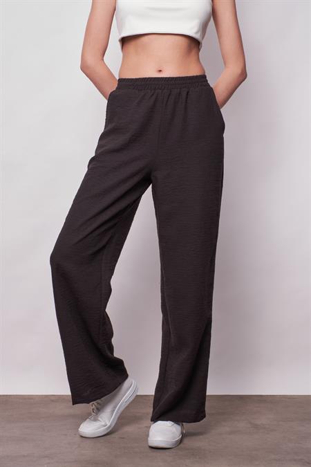 Keten Yüksek Bel Beli Lastikli Yan Cepli Bol Paça Pantolon -Siyah 