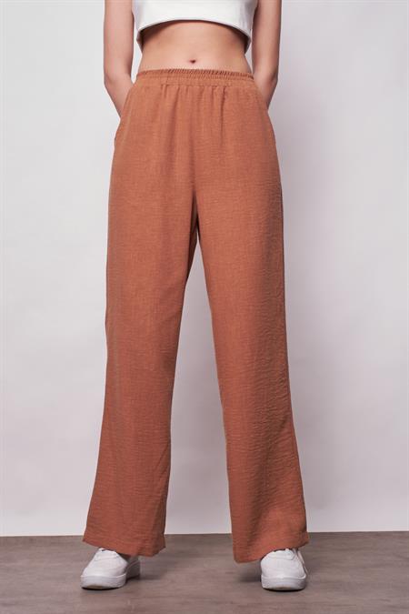 Keten Yüksek Bel Beli Lastikli Yan Cepli Bol Paça Pantolon -Camel 