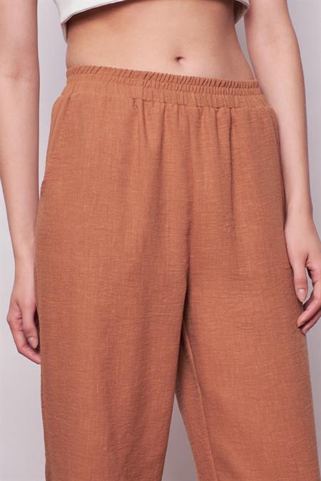 Keten Yüksek Bel Beli Lastikli Yan Cepli Bol Paça Pantolon -Camel 