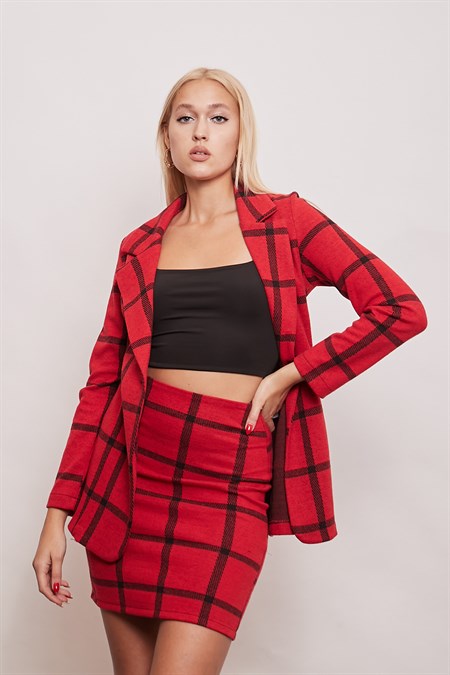 Kışlık Yünlü Kumaş Yüksek Bel Diz Üstü Kalem Etek-Kırmızı Kareli