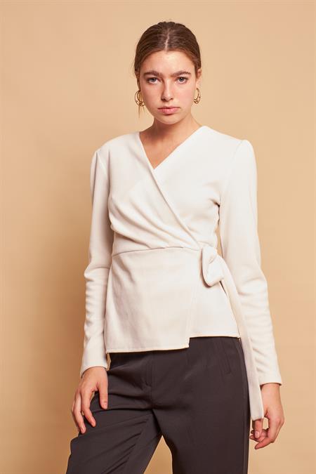 Kruvaze Anvelop Yandan Ayarlanabilir Bağlamalı Uzun Kol Hafif Likralı Triko Bluz-Şampanya