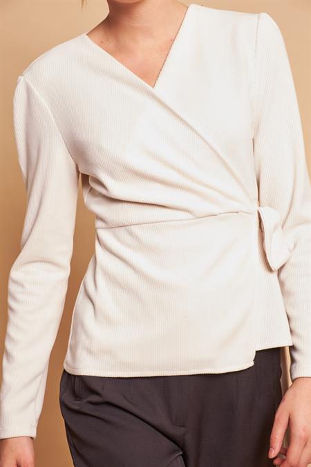 Kruvaze Anvelop Yandan Ayarlanabilir Bağlamalı Uzun Kol Hafif Likralı Triko Bluz-Şampanya