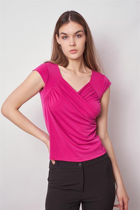 Likralı Şık Krep Kumaş Kruvaze Anvelop Önü Büzgülü Kelebek Kol Body Bluz-Magenta 