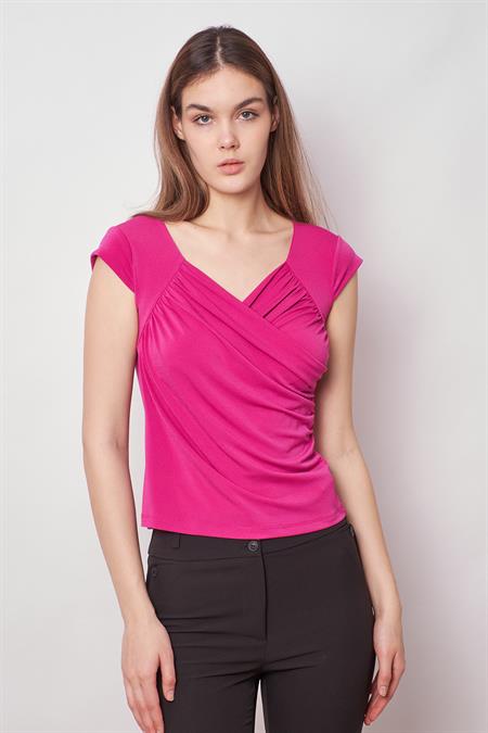 Likralı Şık Krep Kumaş Kruvaze Anvelop Önü Büzgülü Kelebek Kol Body Bluz-Magenta 
