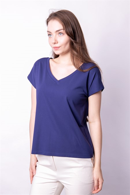 Likralı Şık Span Kumaş Ön Arka V Yaka Düşük Omuzlu Bluz-İndigo