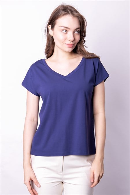 Likralı Şık Span Kumaş Ön Arka V Yaka Düşük Omuzlu Bluz-İndigo