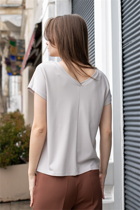 Likralı Şık Span Kumaş Ön Arka V Yaka Düşük Omuzlu Bluz-Taş 