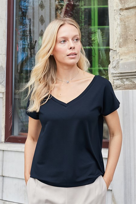 Likralı Şık Span Kumaş Ön Arka V Yaka Düşük Omuzlu Bluz-Koyu Lacivert 