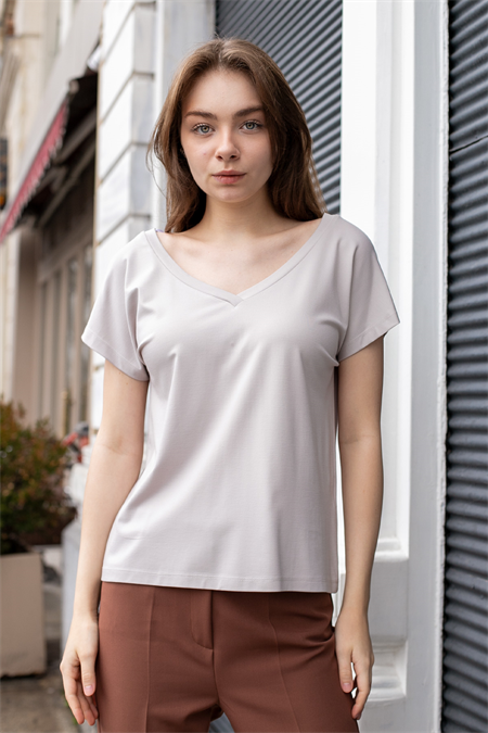 Likralı Şık Span Kumaş Ön Arka V Yaka Düşük Omuzlu Bluz-Taş 