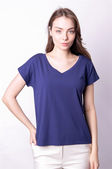 Likralı Şık Span Kumaş Ön Arka V Yaka Düşük Omuzlu Bluz-İndigo