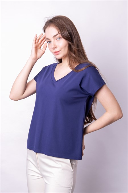 Likralı Şık Span Kumaş Ön Arka V Yaka Düşük Omuzlu Bluz-İndigo