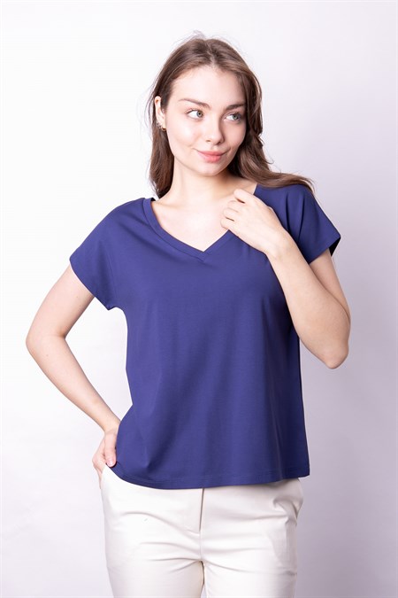 Likralı Şık Span Kumaş Ön Arka V Yaka Düşük Omuzlu Bluz-İndigo