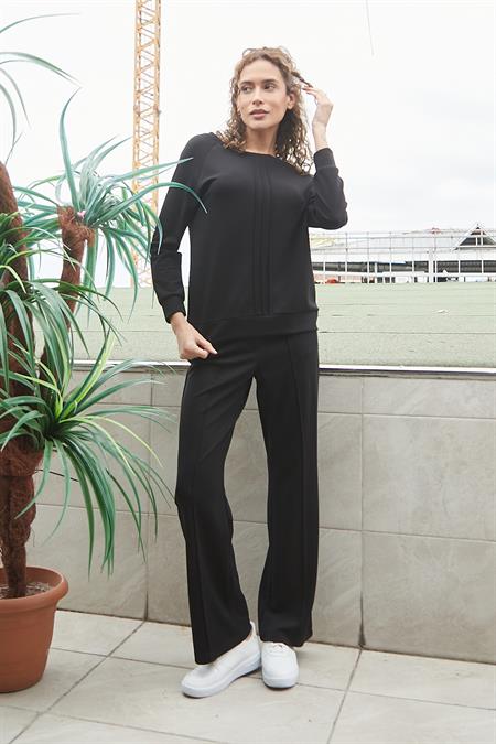 Baharlık Modal Kumaş Yüksek Bel Önü Dikişli Yan Cepli Yürüyüş Pantolonu(Bluz Kodu 20465)-Siyah