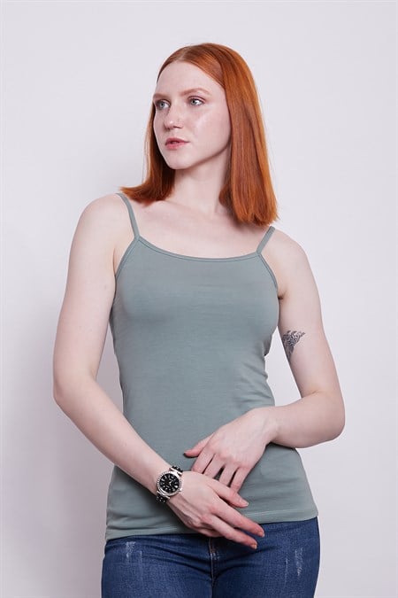 İp Askılı Likralı Pamuk Kumaş Body-Koyu Mint