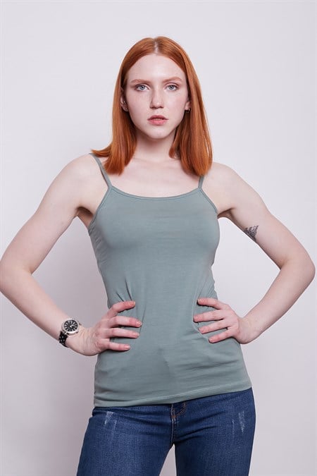 İp Askılı Likralı Pamuk Kumaş Body-Koyu Mint