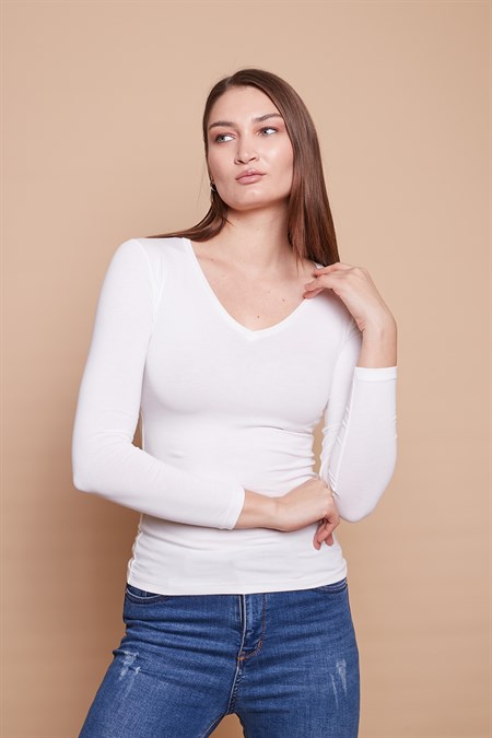 V Yaka Uzun Kol Pamuklu Likralı Body-Krem