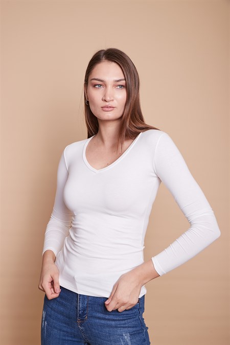 V Yaka Uzun Kol Pamuklu Likralı Body-Krem