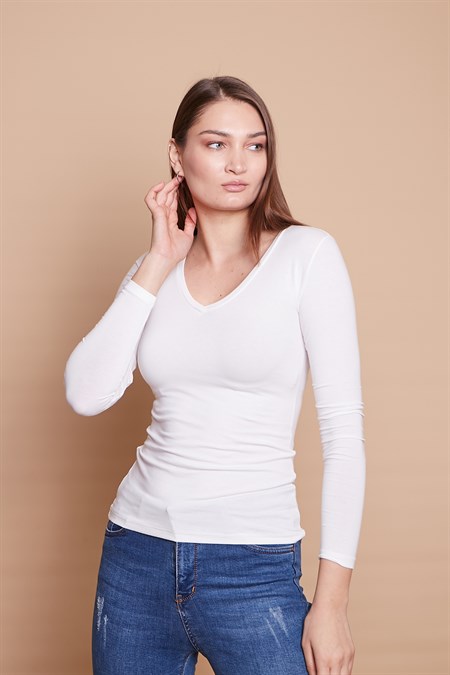 V Yaka Uzun Kol Pamuklu Likralı Body-Krem