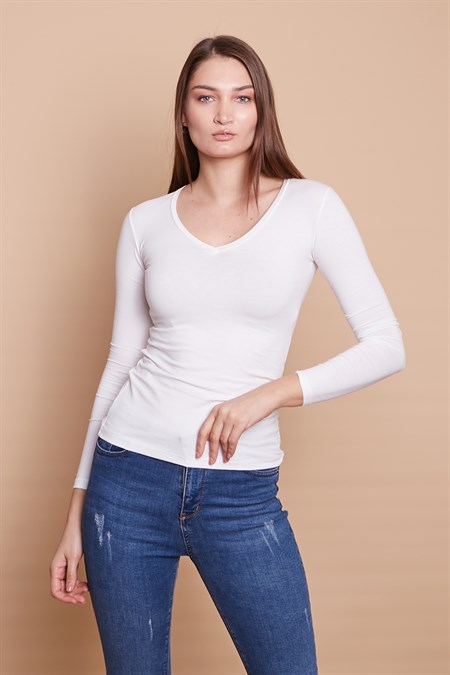 V Yaka Uzun Kol Pamuklu Likralı Body-Krem