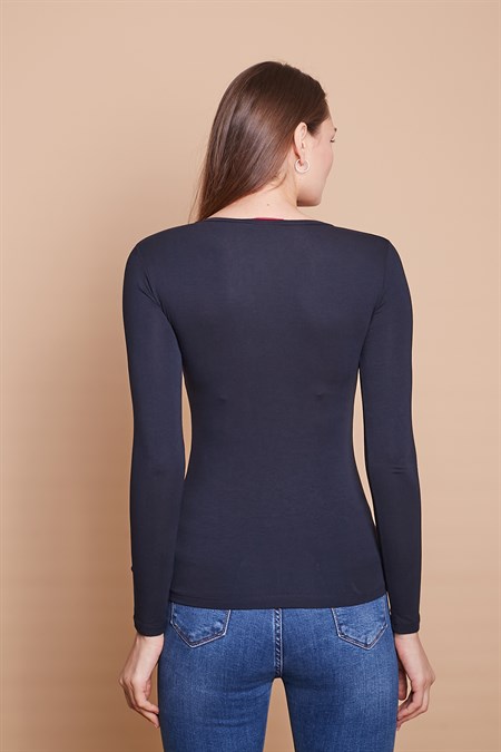 V Yaka Uzun Kol Pamuklu Likralı Body-Lacivert