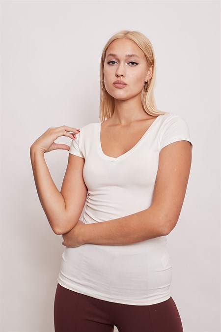 Ön-Arka V Kısa Kol Body -Krem