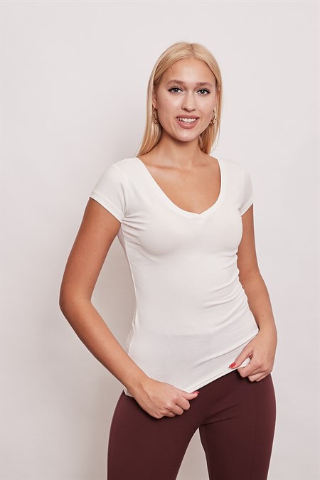 Ön-Arka V Kısa Kol Body -Krem