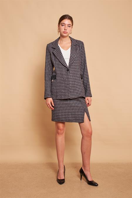 Pamuklu Kalın Tüvit Kumaş Desenli Aksesuar Detaylı Blazer Ceket(Metal Aksesuar Çıkabilir)-Antrasit Kazayağı