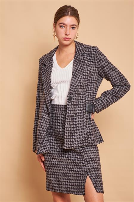 Pamuklu Kalın Tüvit Kumaş Desenli Aksesuar Detaylı Blazer Ceket(Metal Aksesuar Çıkabilir)-Antrasit Kazayağı