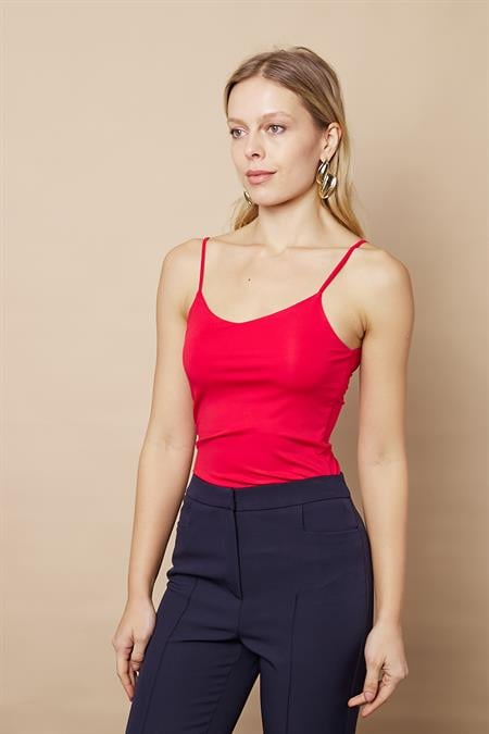 Parlak kumaş İp Askılı Şık Body-Kırmızı