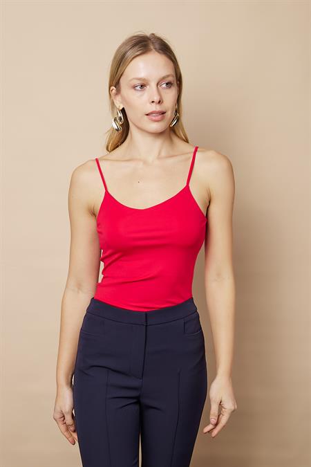 Parlak kumaş İp Askılı Şık Body-Kırmızı