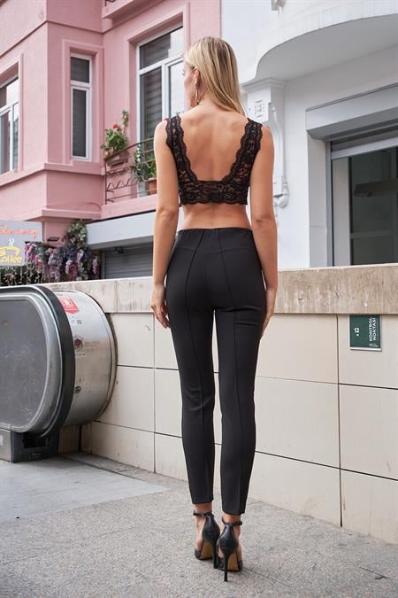 Power Strech Likralı Dar Kesim Yüksek Bel Beli Lastikli Bilek Boy Pantolon-Siyah