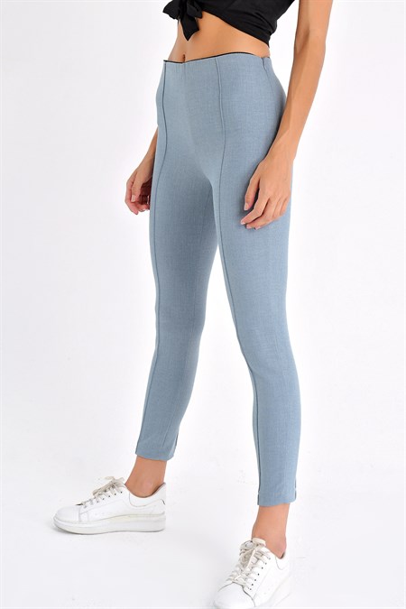 Power Strech Likralı Dar Kesim Yüksek Bel Beli Lastikli Bilek Boy Pantolon-Mavi
