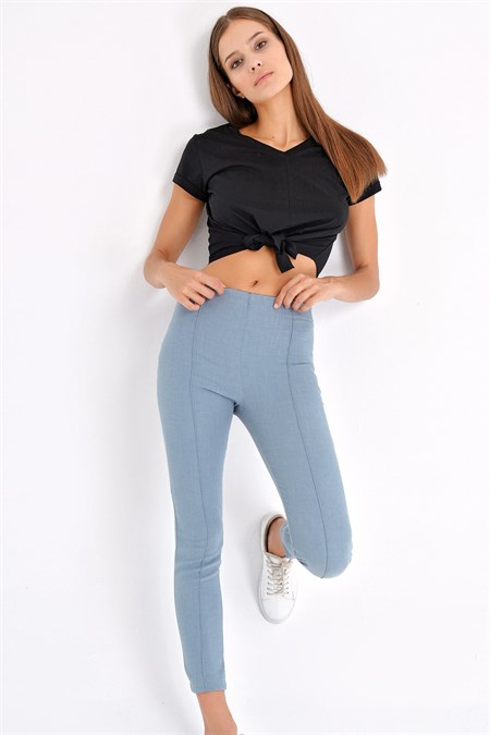 Power Strech Likralı Dar Kesim Yüksek Bel Beli Lastikli Bilek Boy Pantolon-Mavi
