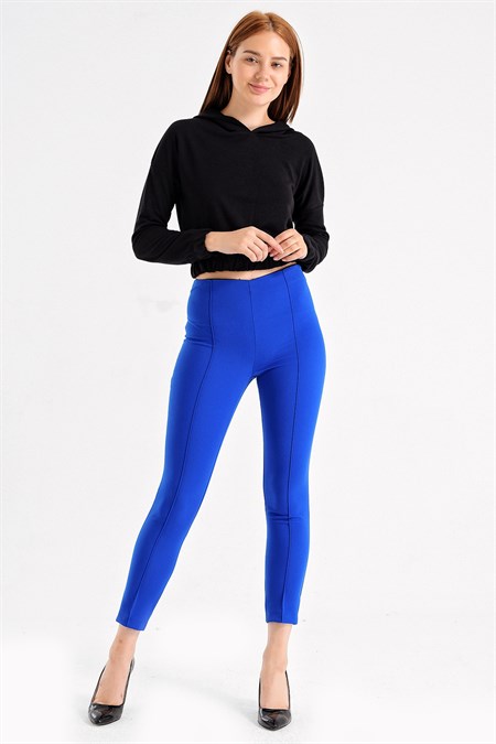 Power Strech Likralı Dar Kesim Yüksek Bel Beli Lastikli Bilek Boy Pantolon-Sax