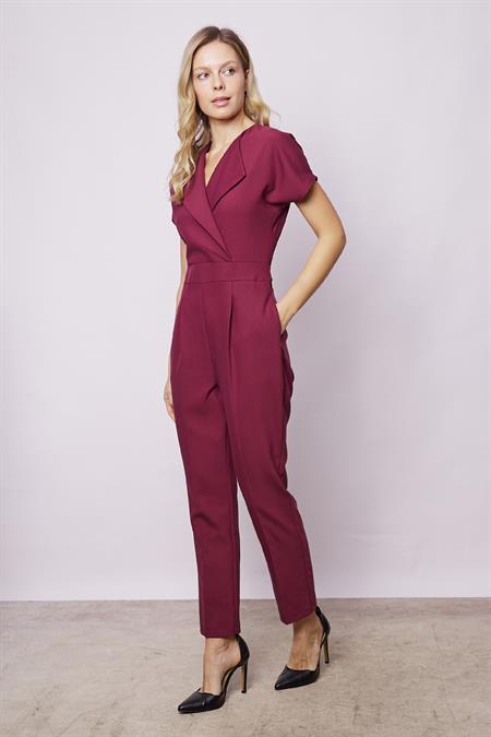 Şal Yaka Düşük Omuzlu Bağcıklı Bilek Boy Şık Hafif Likralı Kumaş Şık Ofis Tulum-Bordo