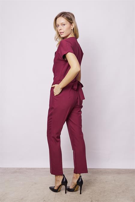 Şal Yaka Düşük Omuzlu Bağcıklı Bilek Boy Şık Hafif Likralı Kumaş Şık Ofis Tulum-Bordo