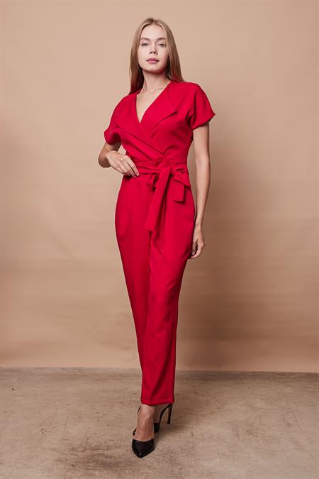 Şal Yaka Düşük Omuzlu Bağcıklı Bilek Boy Tulum -Kırmızı