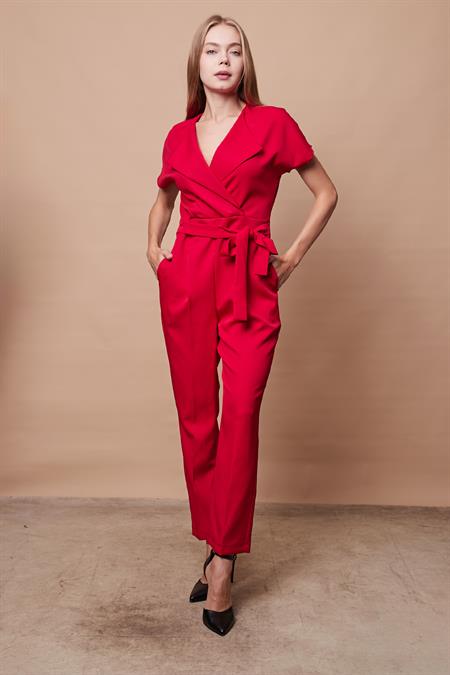 Şal Yaka Düşük Omuzlu Bağcıklı Bilek Boy Tulum -Kırmızı