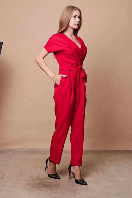 Şal Yaka Düşük Omuzlu Bağcıklı Bilek Boy Tulum -Kırmızı