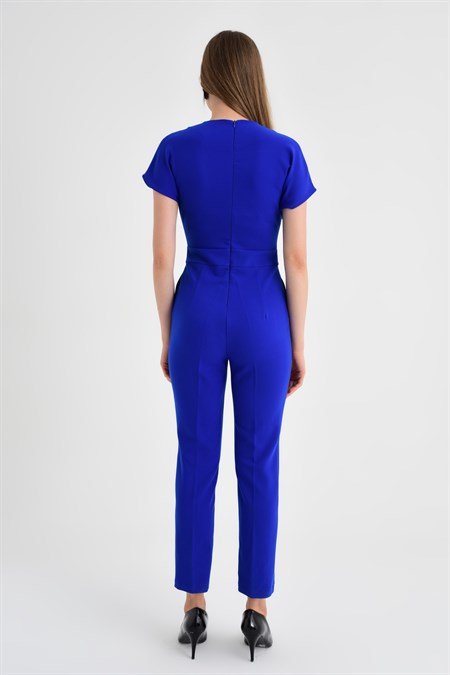 Şal Yaka Düşük Omuzlu Bağcıklı Bilek Boy Şık Hafif Likralı Kumaş Şık Ofis Tulum-Sax 