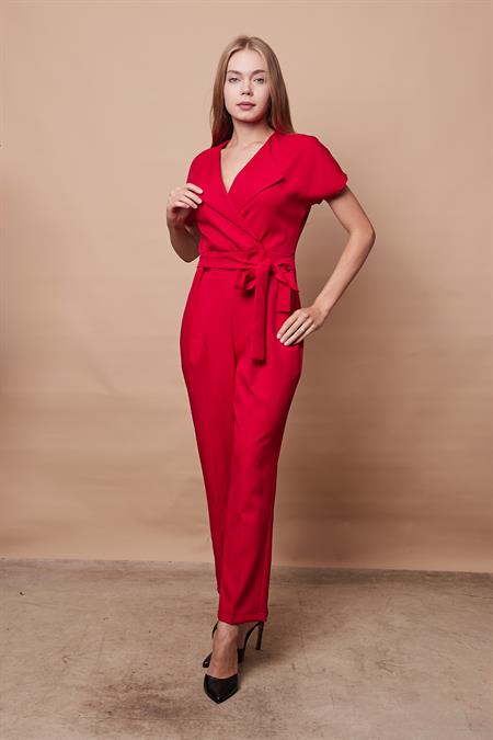 Şal Yaka Düşük Omuzlu Bağcıklı Bilek Boy Tulum -Kırmızı