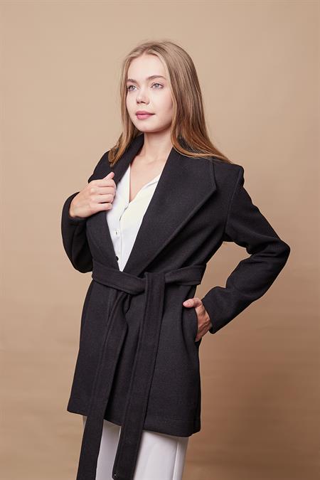 kaşe şal yakalı uzun kol bağcıklı kaban