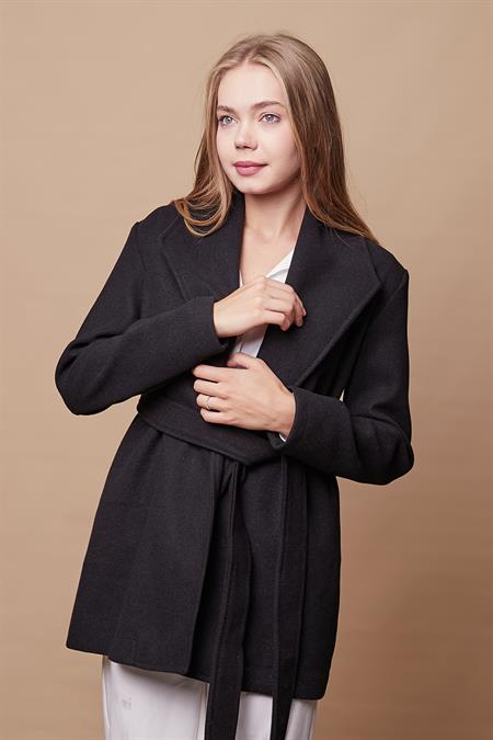 kaşe şal yakalı uzun kol bağcıklı kaban