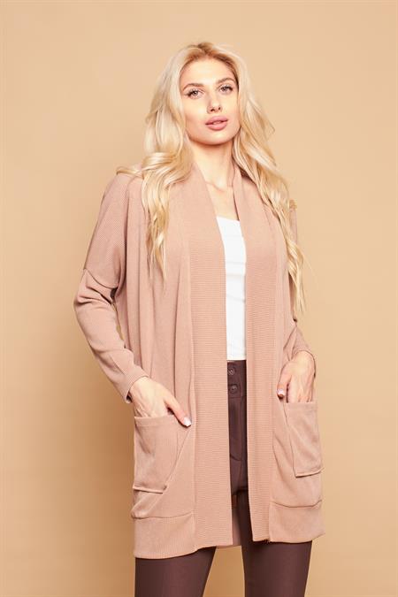 Şal Yakalı Yarasa Cepli Uzun Kol Salaş Oversize Hafif Likralı Triko Hırka-Koyu Bej