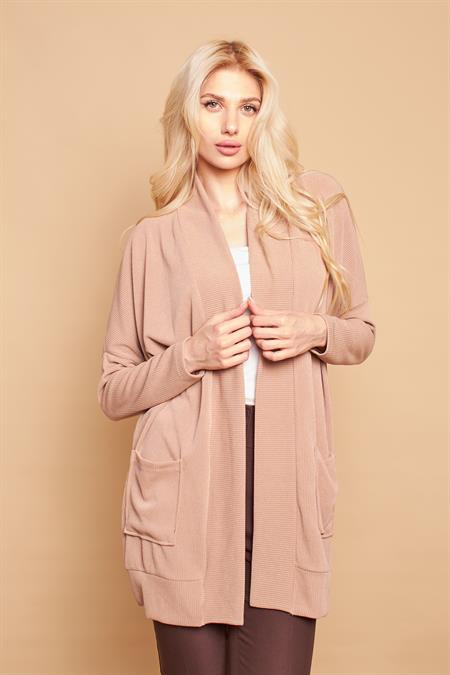 Şal Yakalı Yarasa Cepli Uzun Kol Salaş Oversize Hafif Likralı Triko Hırka-Koyu Bej