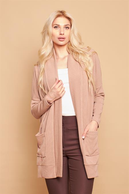 Şal Yakalı Yarasa Cepli Uzun Kol Salaş Oversize Hafif Likralı Triko Hırka-Koyu Bej