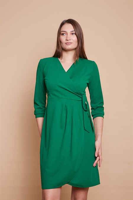 Yandan Bağlaması Ayarlanabilir Scuba Krep Likralı Kumaş Kapri Kol Şık Ofis Elbise -B.Yeşil 